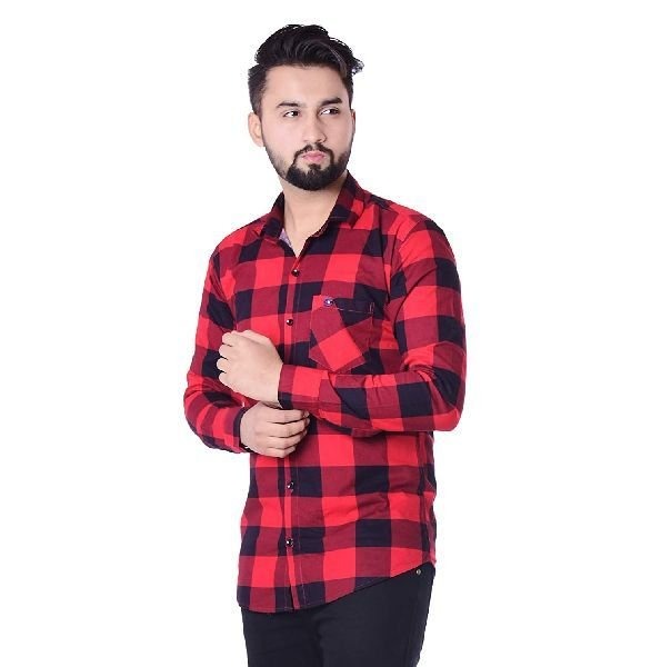 Man wearing a red and black checked casual shirt
