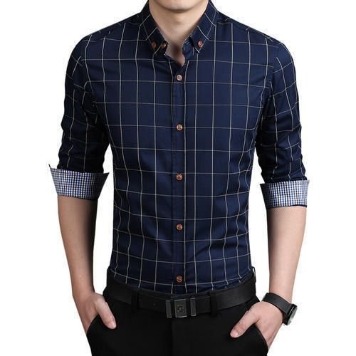 Navy checked full-sleeve men's shirt