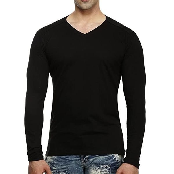 Man wearing a black full-sleeve V-neck T-shirt